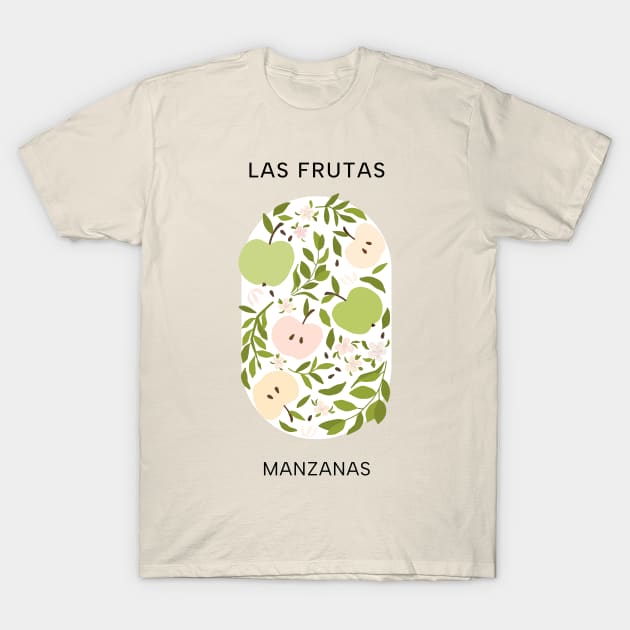 Las Frutas: Manzanas - Fruit and flower market poster with apples, blossoms, and leaves T-Shirt by retrografika